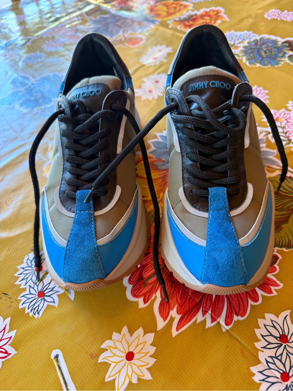 Jimmy Choo Raine 39.5 Low-Top Sneakers — Blue, Olive & Black